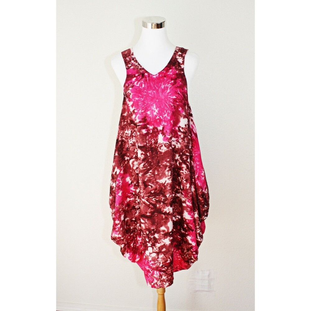 NWT TANAMI Sun Dress Sz. S Hippie BOHO Casua White Pink Brown Tie Dye Rayon #03